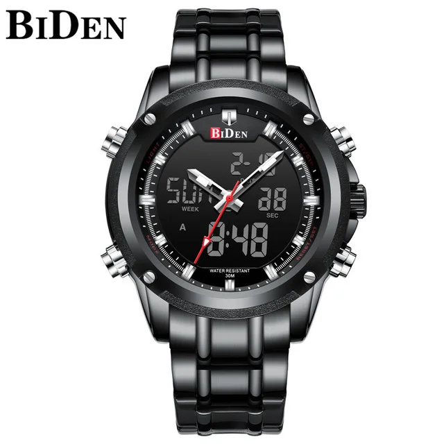 

Mens Watch Top Brand Quartz Watch Dual Display LED Screen Stainless Steel Military Watch Large Dial Wristwatch Clock 0111