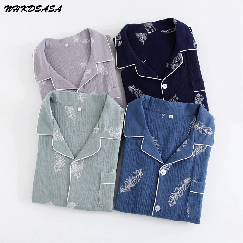 New Autumn Men's Crepe 100% Cotton Gauze Suit Long Sleeves Trousers Mens Pajama Set Men Sleepwear Cartoon Nightwear 2 Piece Set