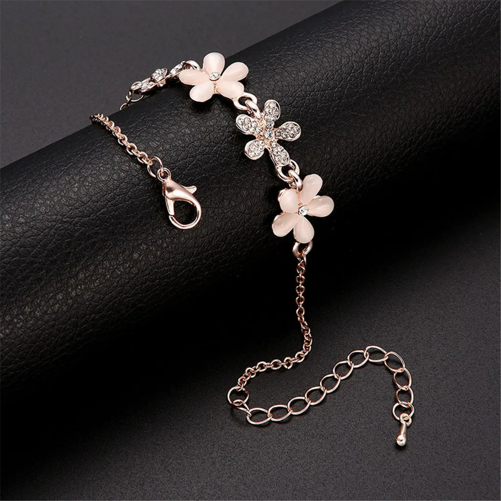Elegant Flower Link Bracelet Cubic Zirconia Chain Bangle Anklet Wristband Adjustable with pink opal and bling rhinestone