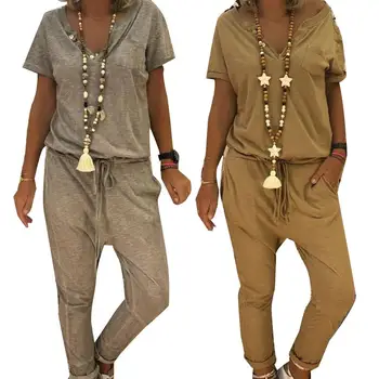 

Chic Lady Solid Color V Neck Short Sleeve Drawstring Jumpsuit Siamese Trousers
