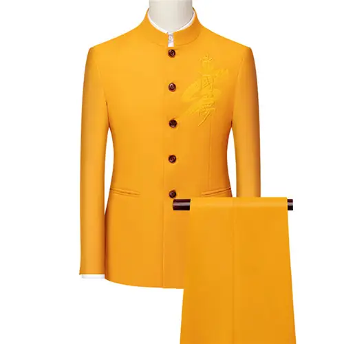 Men's White Single Breasted Stand Up Collar Suit 2-Piece, Chinese Style Red Slim-Fit Blazer Coat and Pants, Black, Blue, Yellow. - Image 10