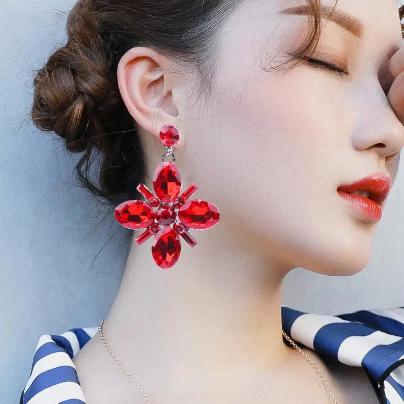 Женские Висячие серьги Длинные Зеленые квадратные с кристаллами в форме цветка и