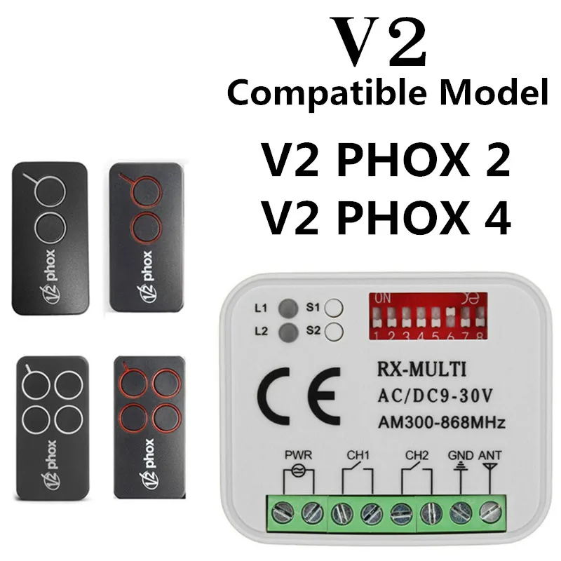 

V2 PHOENIX 2, 4, V2 TSC2, TSC4, V2 TRC2, TRC4, TXC2, TXC4, HANDY2, HANDY4 433.92 MHz Rolling Code replacement remote receiver