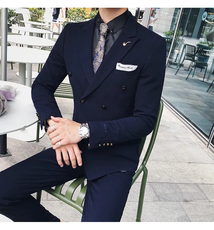 Куртка+ брюки) High-end вышивка одноцветная мужские, повседневные, деловые двубортный костюм 2 предмета в комплекте жениха, свадебное платье, смокинг