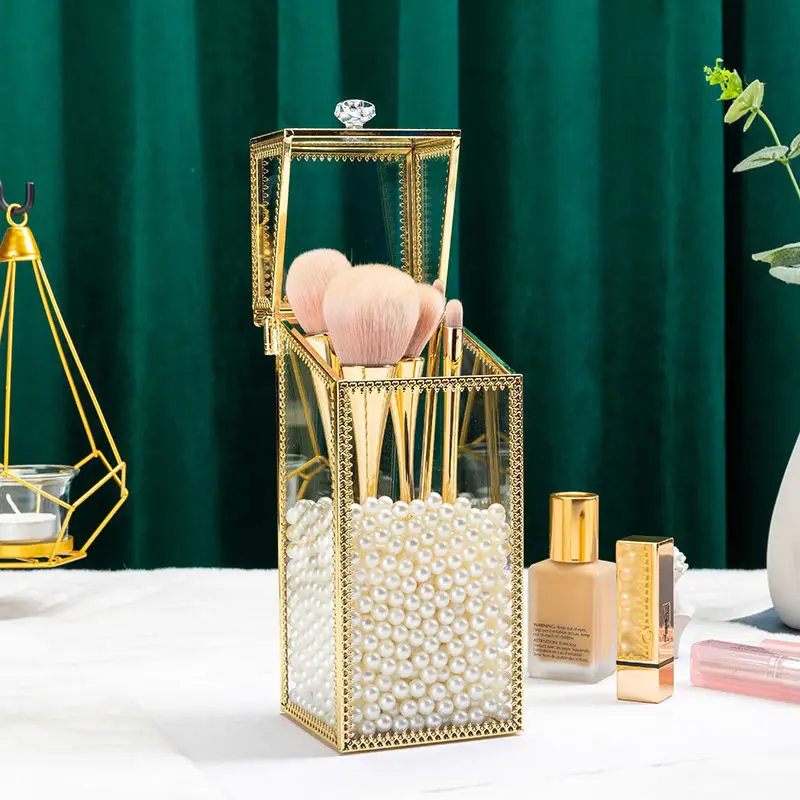 Ins Vintage Glass Makeup Brush Holder Gold Square Prismatic Copper Edging  Cosmetic Holder Lipstick Pencil Storage Container 2