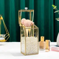 Ins Vintage Glass Makeup Brush Holder Gold Square Prismatic Copper Edging  Cosmetic Holder Lipstick Pencil Storage Container 2
