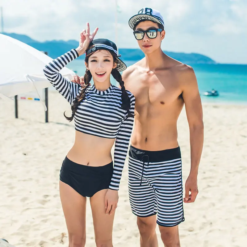 

New Couples Bikini Push up Navy Stripes Long Sleeve Swimwear Split Type High-waisted Bathing Suit-Style Short Beach Swimming Tru