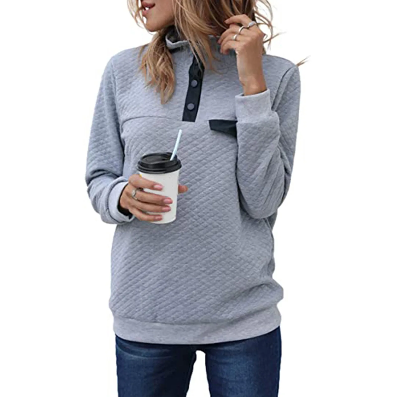 Women Hoodies Winter Warm Casual Tops Fashion Lightweight Zipper Long Sleeve Plain Ladies Sweatshirts Buttons Pullovers Tops 2