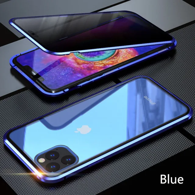 Металлический магнитный чехол для iPhone 11 Pro Max, двусторонний защитный чехол из закаленного стекла 360 для iPhone HD - Цвет: Blue