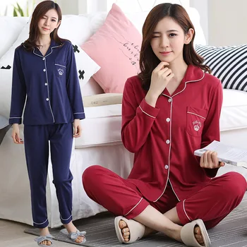

Spring And Autumn Ladies Long Sleeve Sweet Pajamas Set Knit Cotton Leisure Home Wear Suit Autumn Cardigan Size