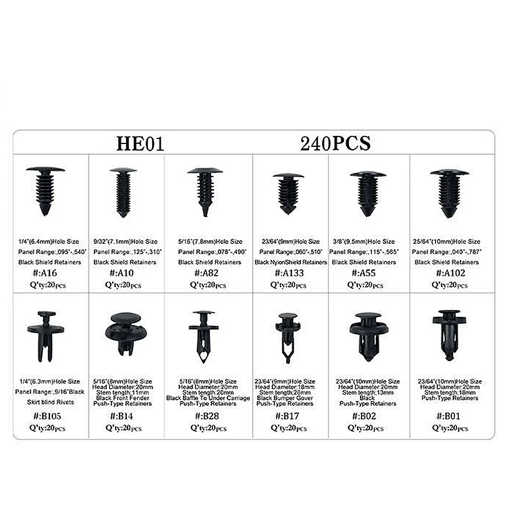 240PC Push retainers 240 шт., фиксатор для автомобиля, нейлоновые зажимы, комплект заклепок, универсальное крыло, винт для бампера, заклепки, набор, автоматическое пластиковое крепление, зажимы - Диаметр: 240PC Push retainers
