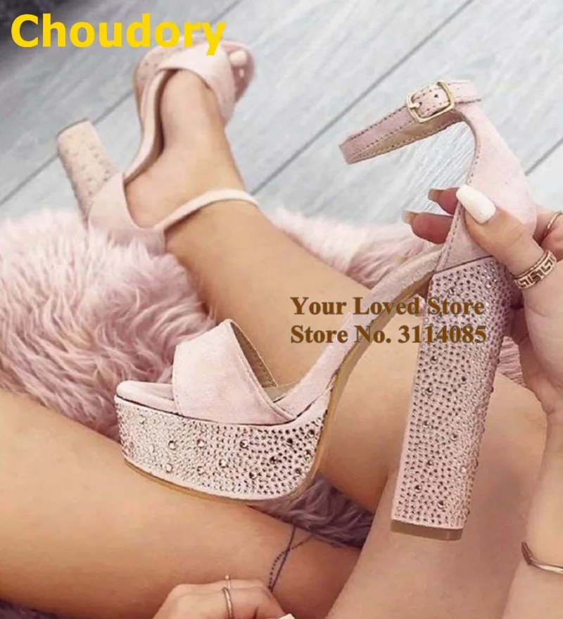 

Choudory Pink Bling Bling Crystal Chunky Heels High Platform Glittering Sandals Buckle Strap Wedding Shoes Big Size52 Prom Shoes