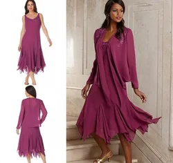 2021 Mother of the Bride Dresses with Jacket Chiffon A Line Two Pieces Tea Length Appliques Formal Women Wedding Party Dress