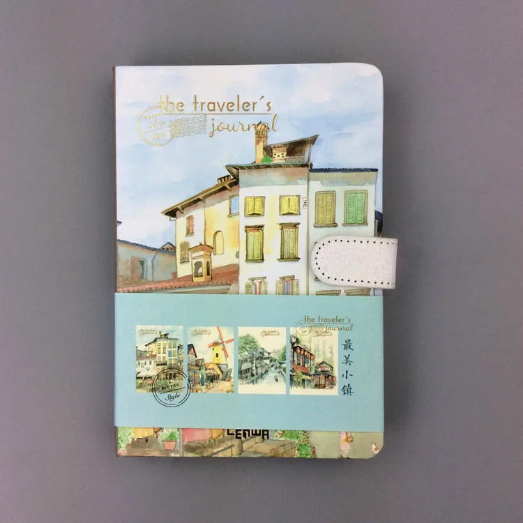 Small Fresh Hand Account 32K Color Page Magnetic Buckle Blank Notebook Coated Side Travel Account 3 Beautiful Town