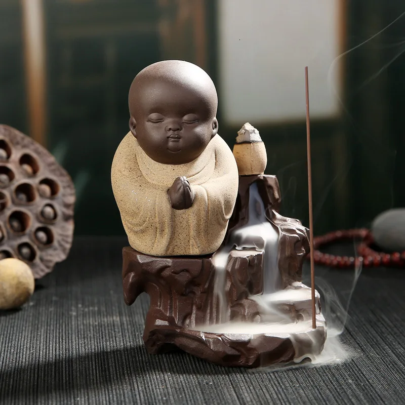 50Pcs Incense Cones+ 1Pc Burner The Little Monk Small Buddha Censer Ceramic Waterfall Backflow Incense Burner Holder Home Decor - Цвет: E