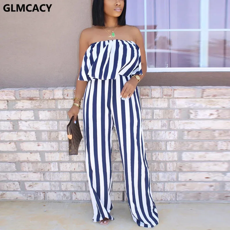 Women Off Shoulder Striped Jumpsuits Summer Backless Wide Leg Casual Overalls Elegant Workwear Women Off Shoulder Striped Jumpsuits Summer Backless Wide Leg Casual Overalls Elegant Workwear