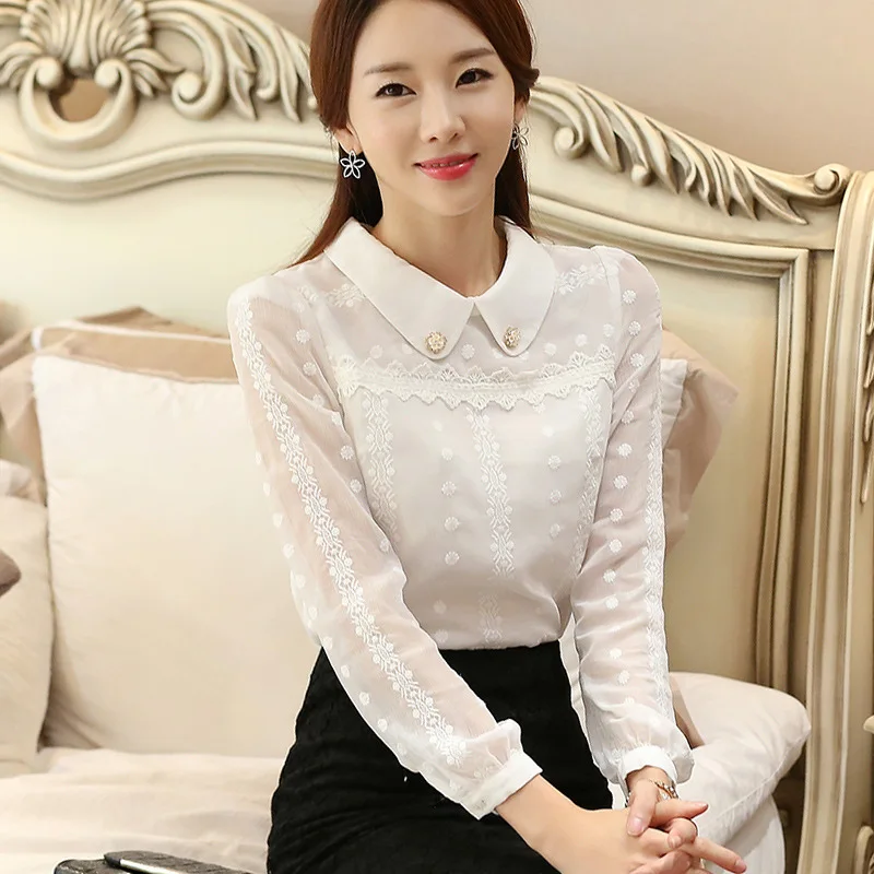 

2020 New Style Spring And Autumn WOMEN'S Dress Peter Pan Collar Chiffon Blouse Shirt Women's Long-Sleeve Lace Base Shirt Versati