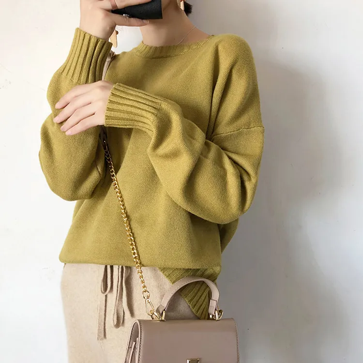 LHZSYY/осень, новое женское Трикотажное изделие с круглым вырезом, свитер с длинными рукавами, однотонный пуловер большого размера, теплая джемпер