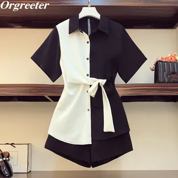 

2020 Summer New Elegant Ladies Black White Hit color Hepburn style Two piece sets Long Shirt with Shorts Temperament Suits