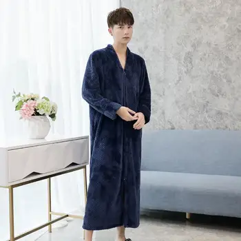 

Solid Flannel Men Robe Gown Exquisite Zipper Bathrobe Gown Casual Full Sleepwear Homewear Keep Warm Soft Long Unisex Pajamas