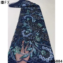 HFX nowa afryka koronkowa tkanina wysokiej jakości z cekinami 3D haft koralikowy francuska koronka na siateczce tkanina na suknia wieczorowa F5836