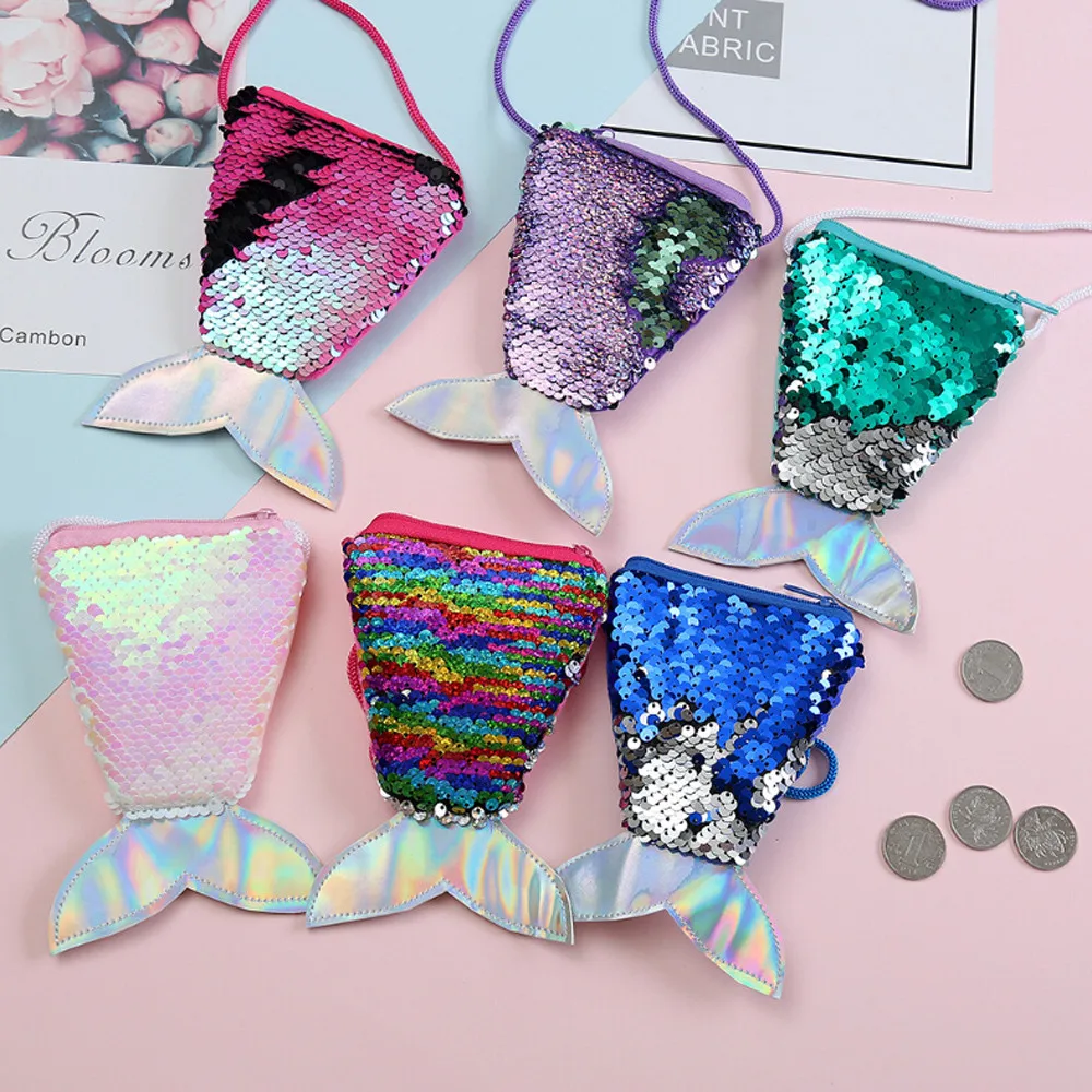 

Small Coin Purses Sequins Children Handbags Zipper Panelled Fish Shape Wallets Cute Pouch Key Packet Handbag Women Girls 2019