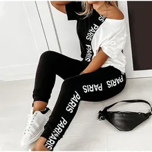 

Letter Print Off Shoulder Tracksuit Women's Set Two Piece Sets Short Sleeve Colorblock Top and Pants Suit Summer Long Pants Sets