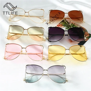 

Women 2020 Women Oversized Sunglasses Brand Designer Big Square Sun Glasses Pearl Decoration Cat Eye Shades gafas de sol Eyewear