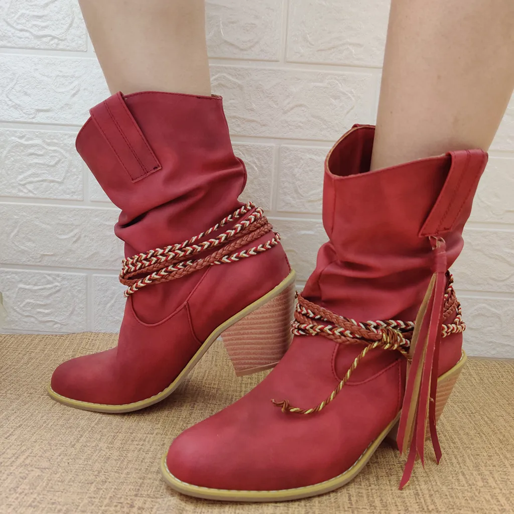 

Vintage Women Boots 2019 Solid Leather Tassel Ladies Booties Round Toe Shoes Female Slip-On Square Heels Mid Winter Boots New