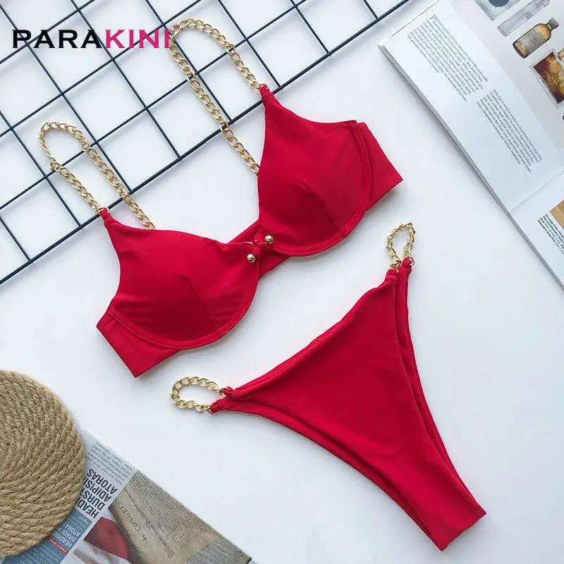 

PARAKINI 2020 Sexy Metal Chain Bikini Women Swimwear Female Swimsuit Two-pieces Bikini set Underwired Bather Bathing Suit Swim