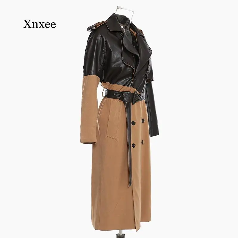 

Pu Leather Patchwork Windbreaker Women Khaki Big Size Long Trench New Lapel Jacket Long Sleeve Fashion Spring Autumn 2022 Coat