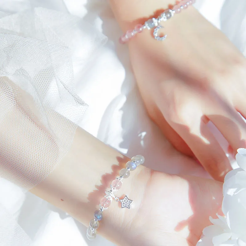 S925 Sterling Silver Moonstone Bracelets for Women Ladies Simple Sweet Strawberry Crystal Jewelry Star Moon Pendant Ornaments