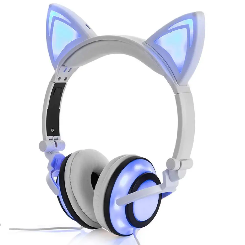

DSstyles Cute Cat Ear Headset LED Light with USB Chargeable Foldable Wired Earphones