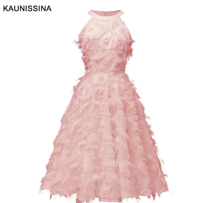 Розовый KAUNISSINA robe de изящные вечерние платья с бретелькой на шее без рукавов розовые красные трапециевидные короткие платья - Цвет: Розовый