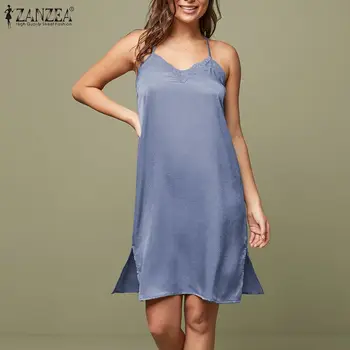 

ZANZEA Sexy Sleeveless Suspenders Sleepwear Fashion Casual Summer Sundress Nightdress Solid Women V Neck Home Dress Plus Size