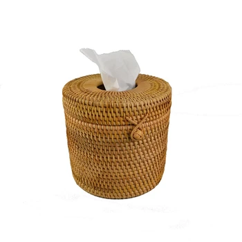 

Hot Sale Round Rattan Tissue Box Vine Roll Holder Toilet Paper Cover Dispenser For Barthroom,Home,Hotel And Office