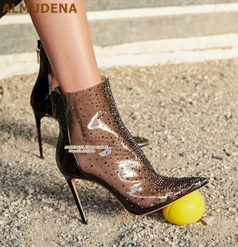 

ALMUDENA Clear PVC Bling Bling Ankle Boots Stiletto Heel Pointy Toe Glitter Crystal Short Booties Patchwork Wedding Dress Shoes