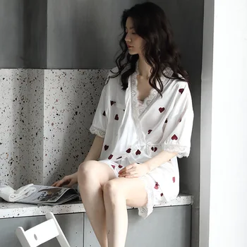 

Female sexy nightwear summer Korean cardigan short sleeve cartoon casual home service suit loose cute fashion 2PC pajamas пижама