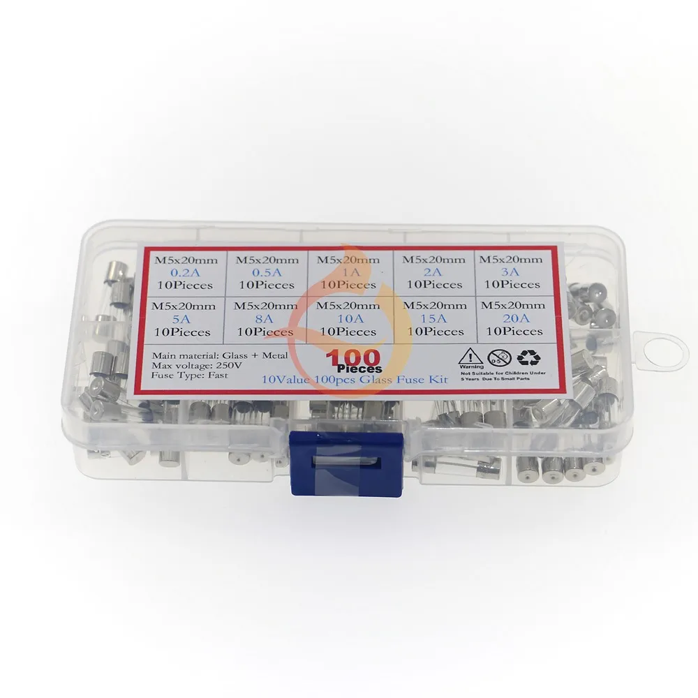 100Pcs 5x20mm 0.2A-20A Quick Blow Glass Tube Fuse Assorted Kit Fast-blow Glass Fuses glass fuse kit