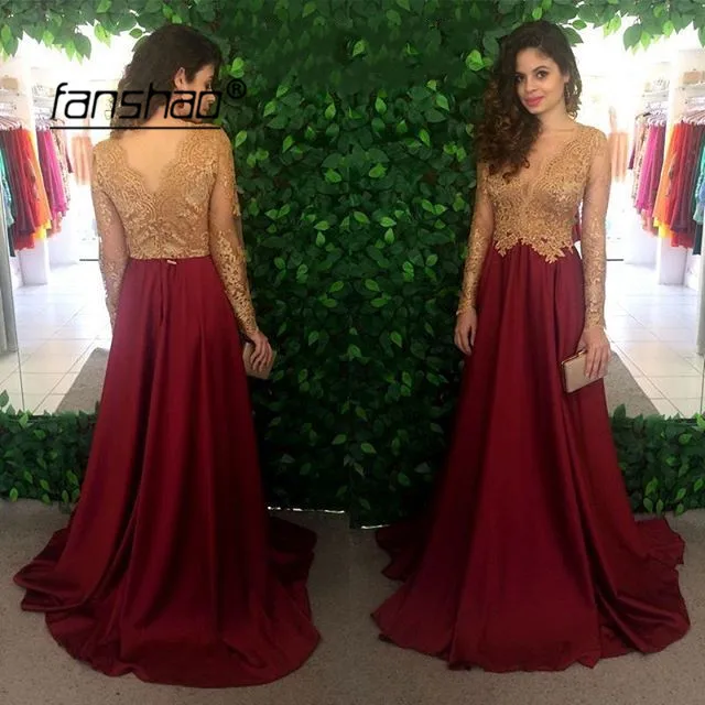 Vestidos de festa бордовые вечерние платья Золотые Аппликации с длинными рукавами Иллюзия Дубай Саудовская арабское вечернее платье для выпускного вечера