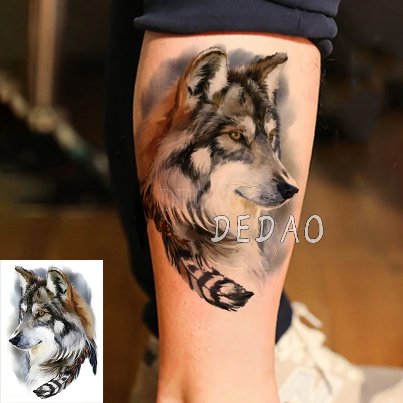Водонепроницаемые Временные татуировки, поддельные татуировки, наклейки волка, животные, перо, тату, флеш-тату, на руку, на ногу, большой размер, татуировки для мужчин и женщин - Цвет: Монохромный