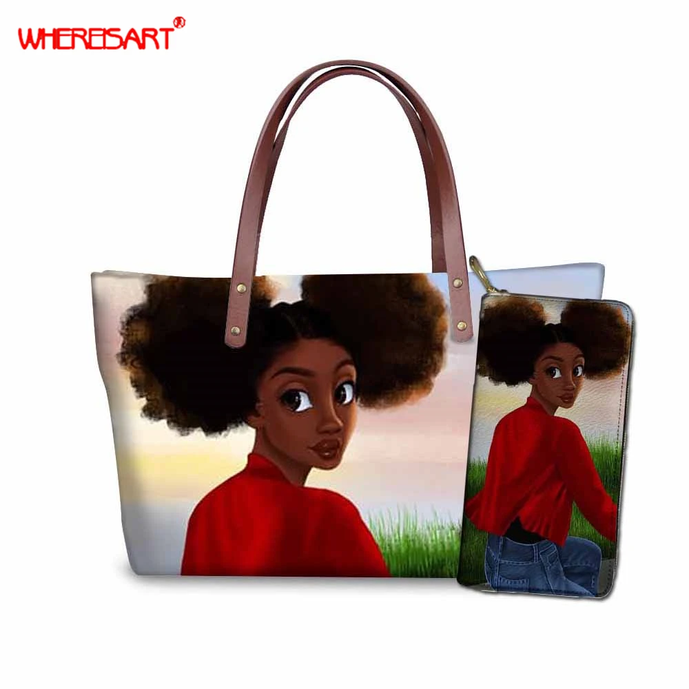 

WHEREISART Women Bags Set Afro Black Girl Magic Handbag Compound Bag Tote Bags Ladies Shoulder Handbag+Purse 2019 Sac a Main