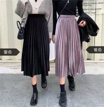 

20120 Casual Solid Color Gold Velvet Midi Skirt Women Autumn Winter Warm Elegant Elastic Hight Waist Slim Pleasted Black Skirt