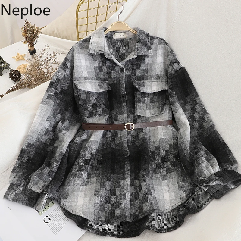 Neploe Ретро клетчатая однобортная блузка Модная тонкая талия пояс карман Blusas отложной воротник длинный рукав рубашка свободная 48261