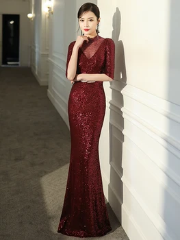 

Kesna Red Sequined Luxury Evening Dress Women Sleeve Hollow Mermaid Long Party Dress Elegant Prom Gown Sexy Club Dresses