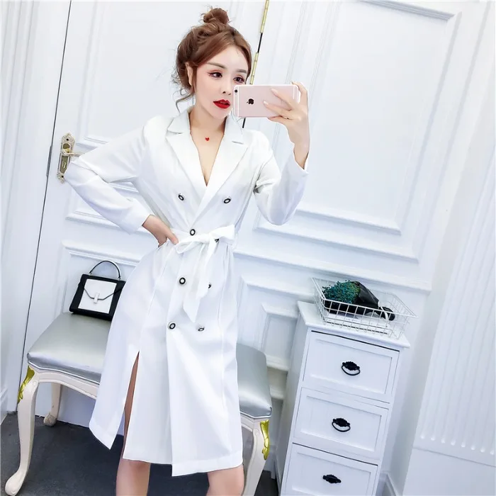 

2019 Autumn Long Sleeve Slim Fit Slit Elegant Dress Double Breasted High-waisted Lace-up Slimming Suit Skirt Fashion