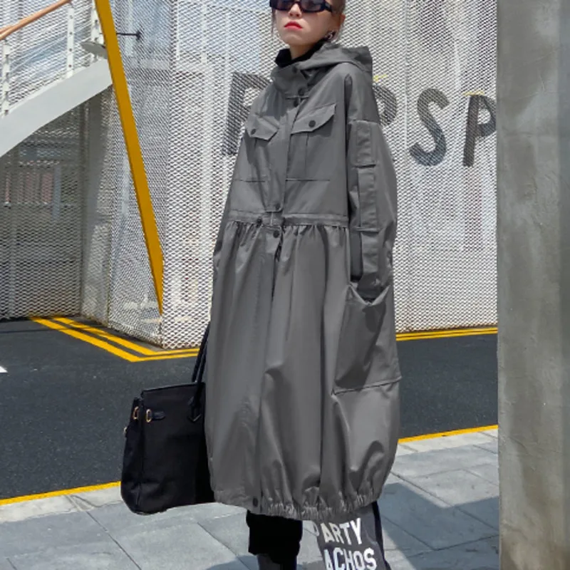 

XUXI Windbreaker Mid-length Women Small Temperament Fashionable Splicing Large Size Hooded Overalls Coat Autumn 2020 FZ3286