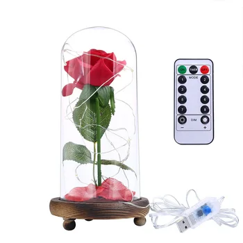 

Hot Simulation Red Rose Glass Dome Wooden Base with Remote Control 8 Modes For Valentine's Gifts LED Rose Lamps Christmas
