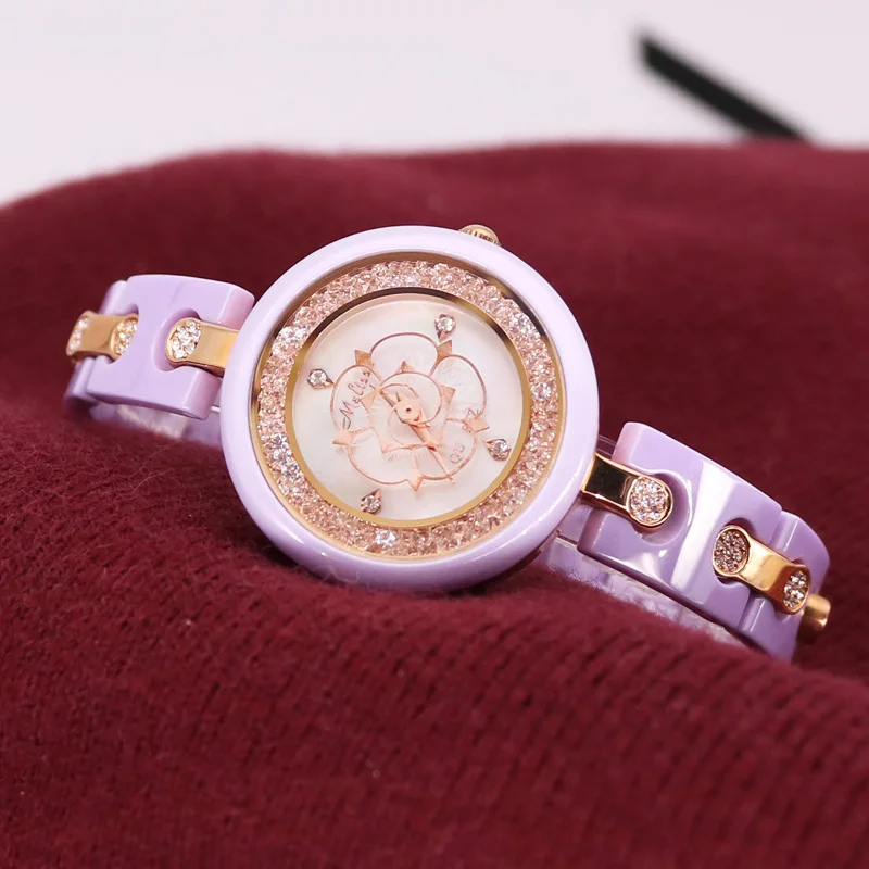 Rose Gold Purple Вращающийся цветок камелии Мелисса женские часы модный керамический браслет стразы роскошный кристалл девушка подарок на день рождения - Цвет: Rose Gold Purple