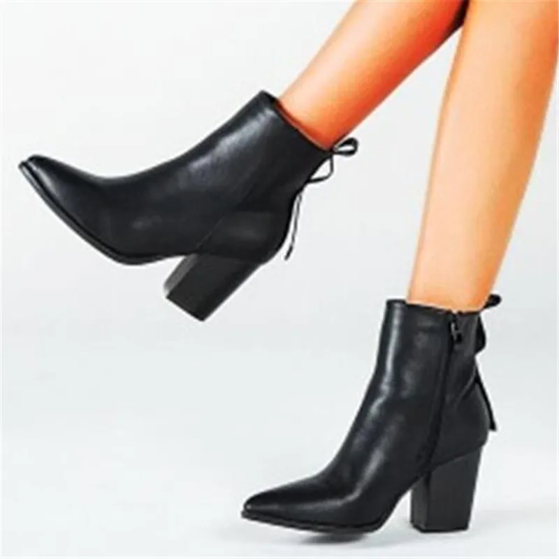 

36-43 European Style Spring Autumn Women Ankle Boots Leather Pointed Toe Square Heels Booties Fashion Sexy Female Martin Boots